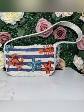 Handcrafted In India Beaded Crab & Starfish Bag with Navy Stripes NWT